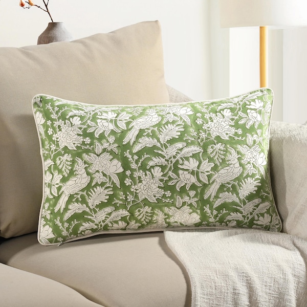 Capa de almofada com estampa de blocos verde-oliva 30x50 cm, debrum e zíper de algodão indiano reutilizável, almofada floral boho para sofá, sofá, banco, cama