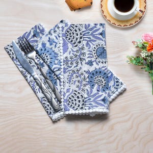 Indigo Blue Indian Block Print Pom-Pom Napkins, Floral Cotton Dinning Table Daily Use Napkins, Farmhouse Wedding Party Napkins 18x18 In