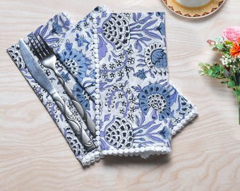 Indigo Blue Indian Block Print Pom-Pom Napkins, Floral Cotton Dinning Table Daily Use Napkins, Farmhouse Wedding Party Napkins 18x18 In