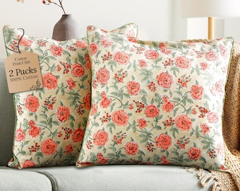 Indian Hand Block Printed Cotton Throw Pillow Cover for Farmhouse, Preppy, Boho, Home Décor, Floral, Decorative Couch Pillow- Orange Fire
