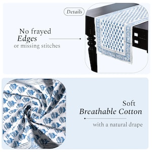 Image showing details of a blue and white floral hand block printed cotton table runner. The top section highlights “No frayed edges or missing stitches” with a close-up of the runner on a dark wooden table. The bottom section features a fabric close-up emphasizing “Soft breathable cotton with a natural drape.” The design includes intricate floral motifs and a decorative border.