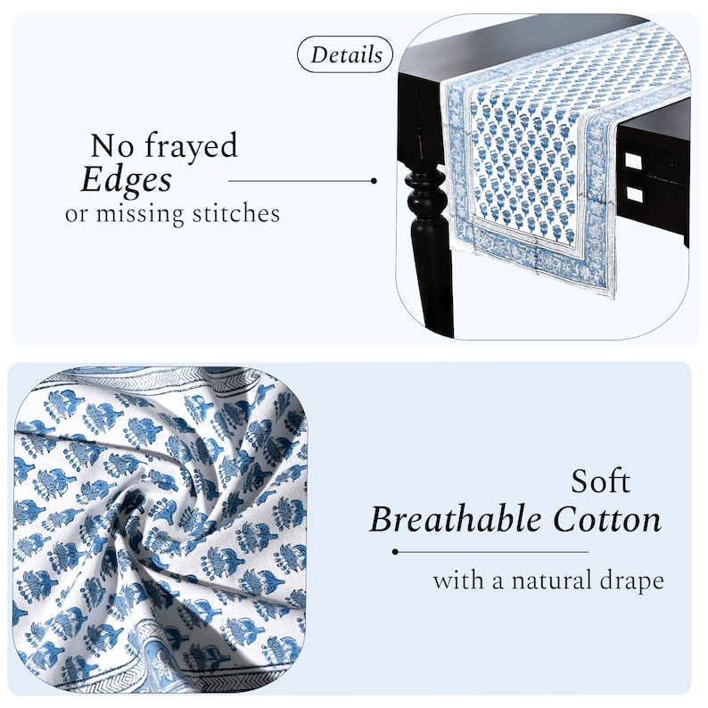 Image showing details of a blue and white floral hand block printed cotton table runner. The top section highlights “No frayed edges or missing stitches” with a close-up of the runner on a dark wooden table. The bottom section features a fabric close-up emphasizing “Soft breathable cotton with a natural drape.” The design includes intricate floral motifs and a decorative border.