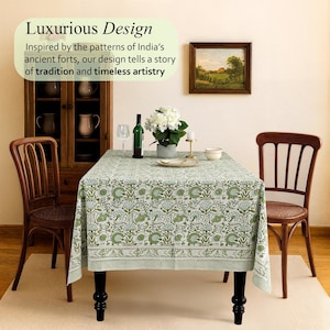 Cotton Indian Hand-Block Printed Tablecloth for Wedding Farmhouse Buffet Housewarming Restaurant Picnic Boho Home Decor Floral- Agate Green image 9