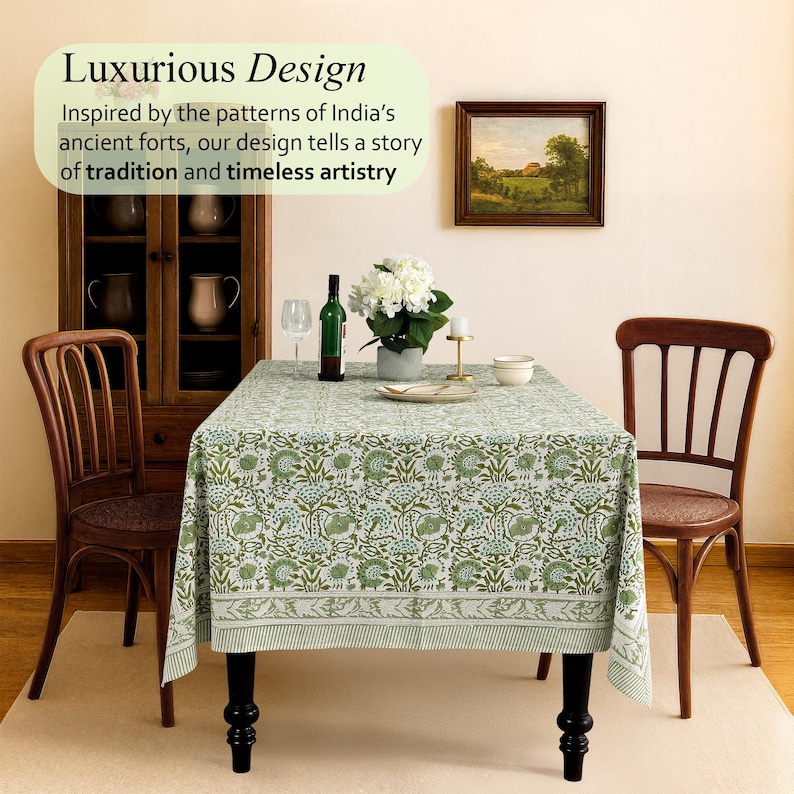 Cotton Indian Hand-Block Printed Tablecloth for Wedding Farmhouse Buffet Housewarming Restaurant Picnic Boho Home Decor Floral- Agate Green image 9
