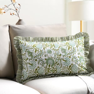 Housse de coussin à volants vert agate 12 x 20 po - Taie d&#39;oreiller réutilisable en coton imprimé floral bohème pour canapé, lit, banc et décoration d&#39;intérieur BCBG