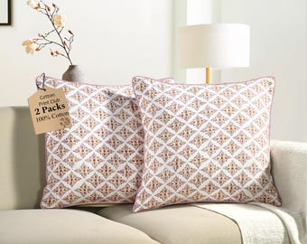 Damask Rose Piping Pillow Cover 18x18" – Hand Block Printed Cotton Floral Cushion, Vintage Boho Farmhouse Throw Pillowcase for Sofa & Bed