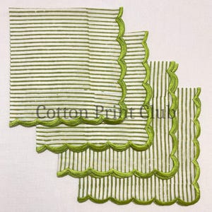 Emerald Scallop Stripe Cotton Napkins Set of 4 – Hand Block Printed Embroidered Cloth Napkin, Boho Farmhouse Table Linen, Thanksgiving Decor