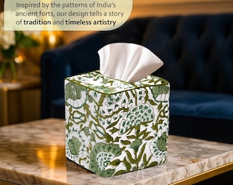 Agate Green Block Printed Cotton Tissue Box Cover, Reusable Floral Napkin Sleeve for Kitchen Bathroom, Office, Housewarming, Napkin Holder