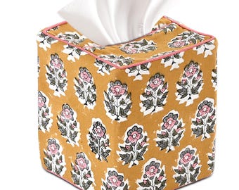 Copertura per Scatola di Fazzoletti in Cotone Giallo Citrino – Manica Riutilizzabile con Motivo Floreale, Decorazione per Cucina e Bagno,