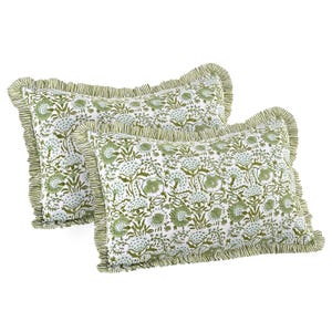 20x30” Agate Green Ruffle Pillow Cover – Reusable Cotton Hand Block Print Boho Floral Cushion Sham for Sofa, Couch, Bed, Bench & Farmhouse