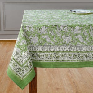 Cotton Indian Hand-Block Printed Tablecloth for Wedding Farmhouse Buffet Housewarming Restaurant Picnic Boho Home Decor Floral- Olive Green