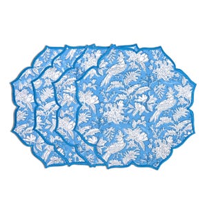 CPC Blue Sapphire Scalloped Placemat Set of 4, Cotton Hand Block Flower Table Mat for Easter Dining Party Wedding Gifts Home Decor-15 In
