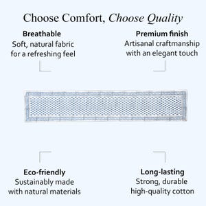 Image showcasing a blue and white hand block printed cotton table runner. The text highlights product qualities: “Choose Comfort, Choose Quality.” Features listed include Breathable – soft, natural fabric for a refreshing feel; Premium finish – artisanal craftsmanship with an elegant touch; Eco-friendly – sustainably made with natural materials; and Long-lasting – strong, durable, high-quality cotton.