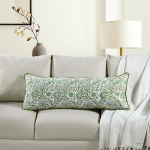 14x36&quot; Agate Green Block Print Pillow Cover – Reusable Indian Cotton Throw Piping & Zipper, Boho Floral Cushion for Sofa, Couch, Bench, Bed,