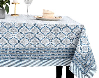 Indigo Regal Hand Block Printed Cotton Tablecloth, Indian Floral Rectangle Table Cover for Dining Table Wedding, Farmhouse & Boho Home Decor
