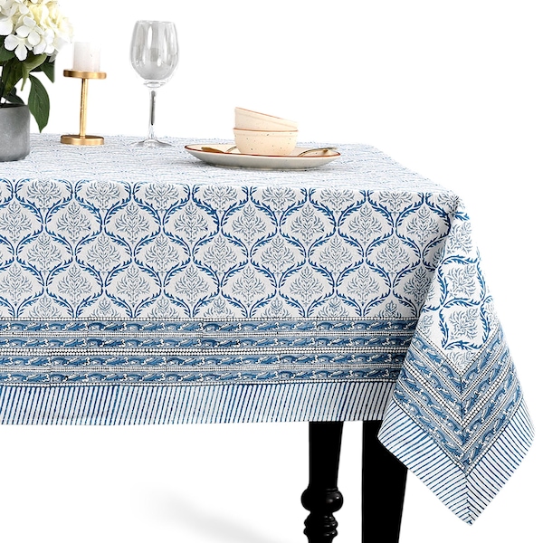 Indigo Regal Hand Block Bedrukte Katoenen Tafelkleed, Indiase Bloemige Rechthoekige Tafellaken voor Eettafel, Bruiloft, Landelijke & Boho
