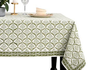 Fern Regal Hand Block Printed Cotton Tablecloth, Indian Floral Rectangle Table Cover for Dining Table Wedding, Farmhouse & Boho Home Decor