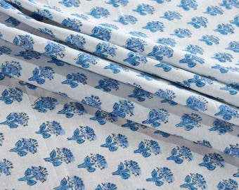 Hand Block Print Indian Cotton Fabric- Apatite Blue for Dress Curtain Pillow Cover Tent - Wedding Farmhouse Housewarming Restaurant - Floral