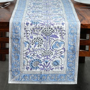 Indigo Blue Hand Block Printed Cotton Table Runner: Floral Kitchen, Dining & Thanksgiving Decor image 1
