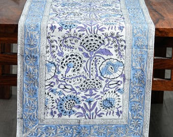 Indigo Blue Hand Block Printed Cotton Table Runner: Floral Kitchen, Dining & Thanksgiving Decor