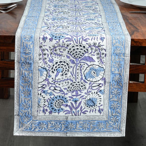 Indigo Blue Hand Block Printed Cotton Table Runner: Floral Kitchen, Dining & Thanksgiving Decor