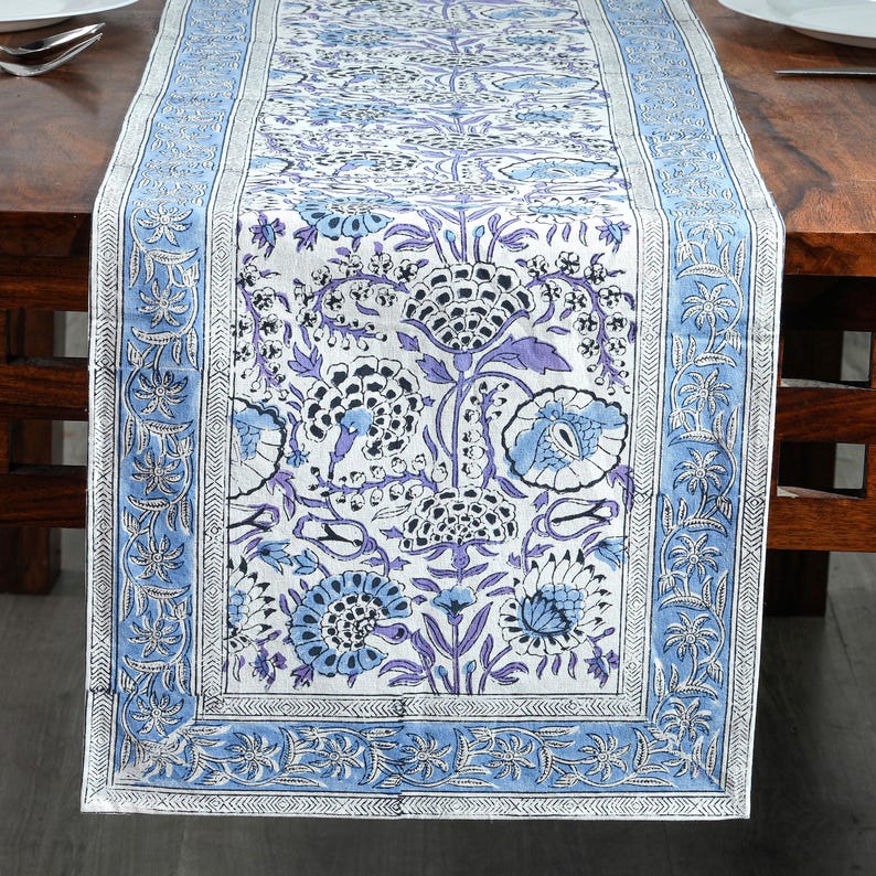 Indigo Blue Hand Block Printed Cotton Table Runner: Floral Kitchen, Dining & Thanksgiving Decor image 1