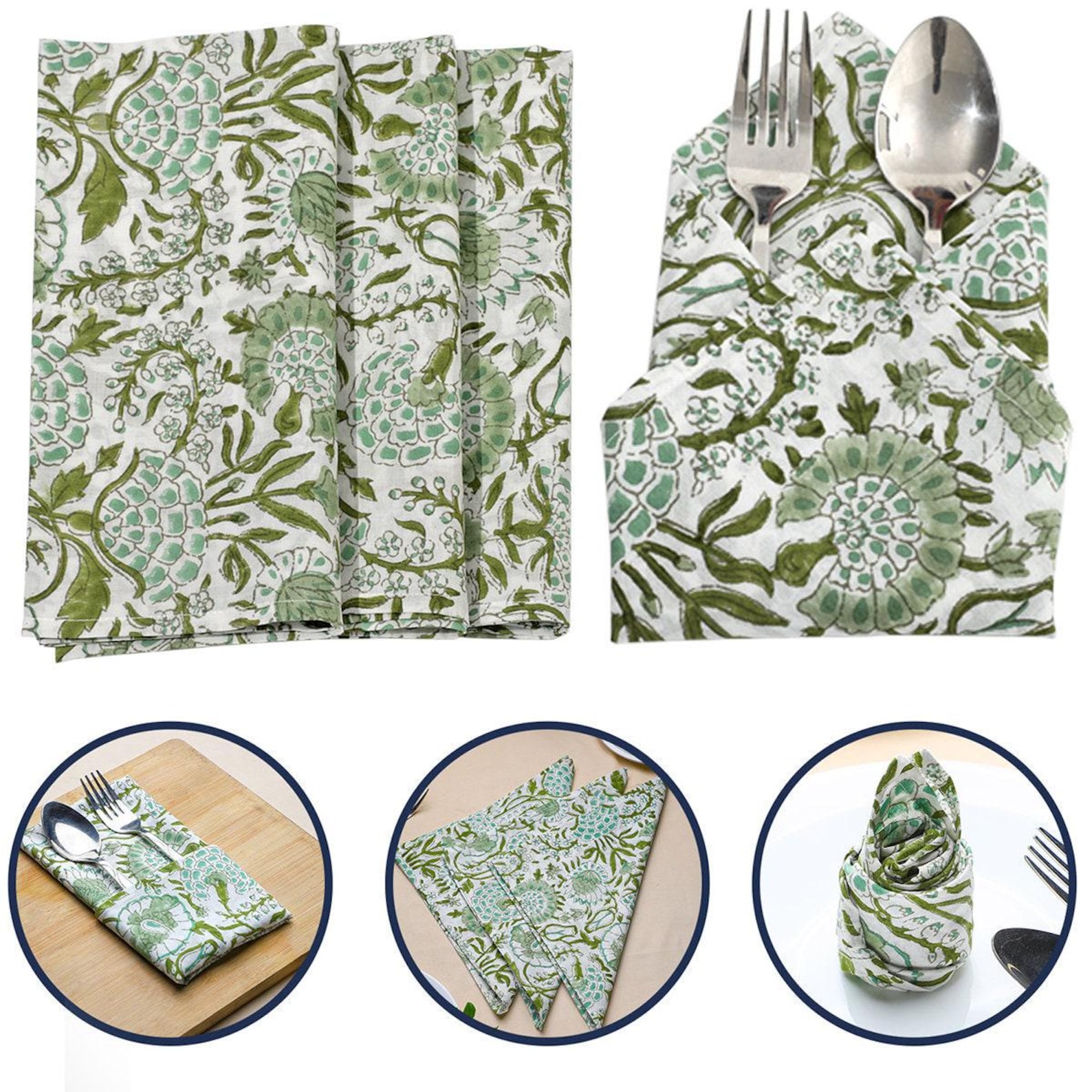 Agate Green Indian Hand Block Printed Napkins with 100% Pure Cotton for Housewarming Wedding Home Event Gardens available in size of 18x18. - Set of 12