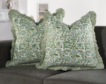 Agate Green Ruffled Pillow Cover, Hand Block Printed Cotton Throw Pillowcase Boho Floral Decorative Cushion Zipper Closure Living Room Decor