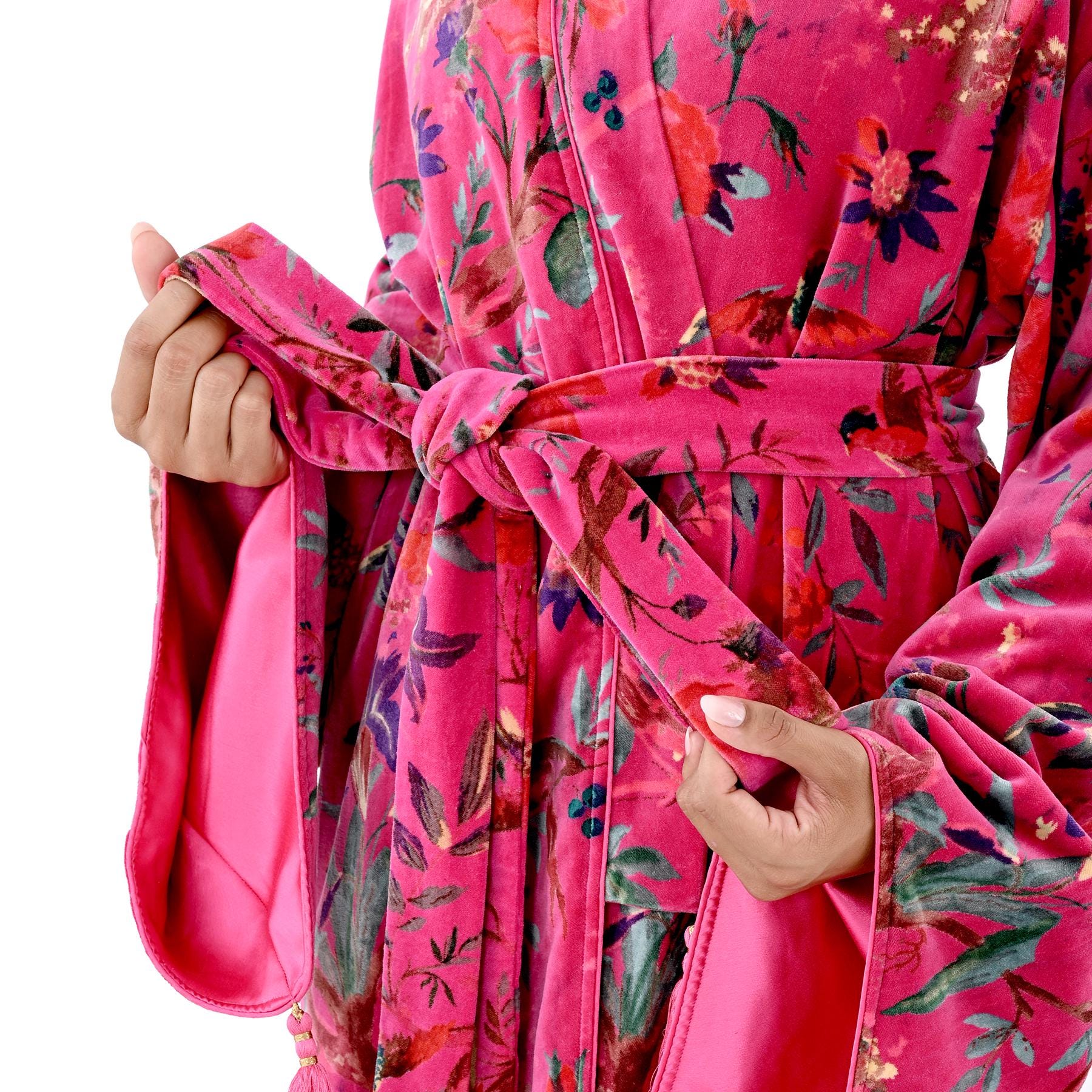 Ofmd Robe OFMD Pink Bird Velvet Kimono Robe, Handmade Cotton Velvet Banyan Wrap ...