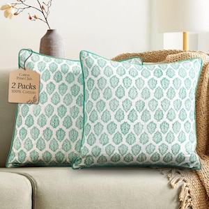 CPC Indian Hand Block Printed Cotton Throw Pillow Cover for Farmhouse, Preppy, Boho, Home Décor, Floral, Decorative Couch Pillow- Sea Green