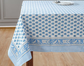 Apatite Blue Hand Block Printed Cotton Tablecloth – Indian Floral Rectangle Table Cover for Dining Table, Farmhouse Decor, Boho Home Style