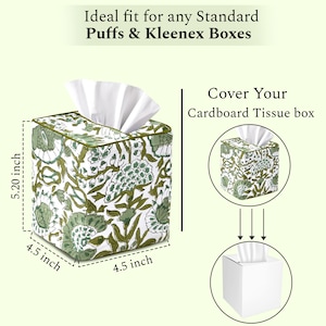 Cotton tissue box cover with green floral block print fits standard Puffs and Kleenex tissue boxes. Measures 5.2 inches tall, 4.5 inches wide and deep. Designed to cover cardboard tissue boxes, adding a decorative touch. Perfect for home or office use with easy tissue dispensing.