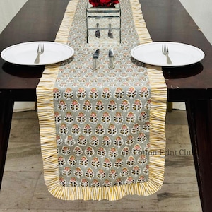 Labra Grey Cotton Stripe Ruffle Table Runner – Hand Block Printed Boho Floral Linen, Farmhouse Dining Table Decor, Easter Spring Centerpiece