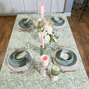 Cotton Indian Hand-Block Printed Tablecloth for Wedding Farmhouse Buffet Housewarming Restaurant Picnic Boho Home Decor Floral- Agate Green image 2