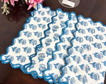 Apatite Blue Cocktail Napkins Set of 4, Hand Block Printed Floral Cotton Napkin with Embroidery, Reusable Boho Farmhouse Table & Bar Napkins