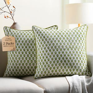 以下が含まれることがあります： 緑と白の模様の入った、緑色の縁取りのあるクッションが2つ。クッションは100% コットン製で、2個セットで販売されています。クッションの1つに、"Cotton Print Club"と"2 Packs 100% Cotton"の文字が書かれたタグが付いています。