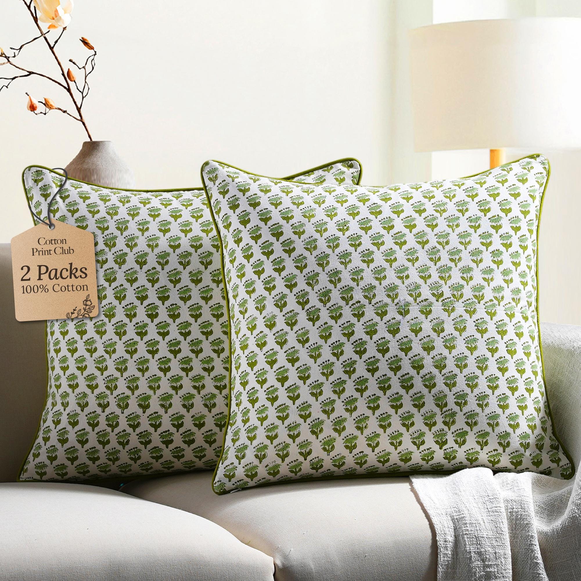 Cotton Print Club Emerald Green Block Print Chair Patio Seat Sofa Cushion Cover I 20x20 Inch Square Piping Zip Pillow Cover