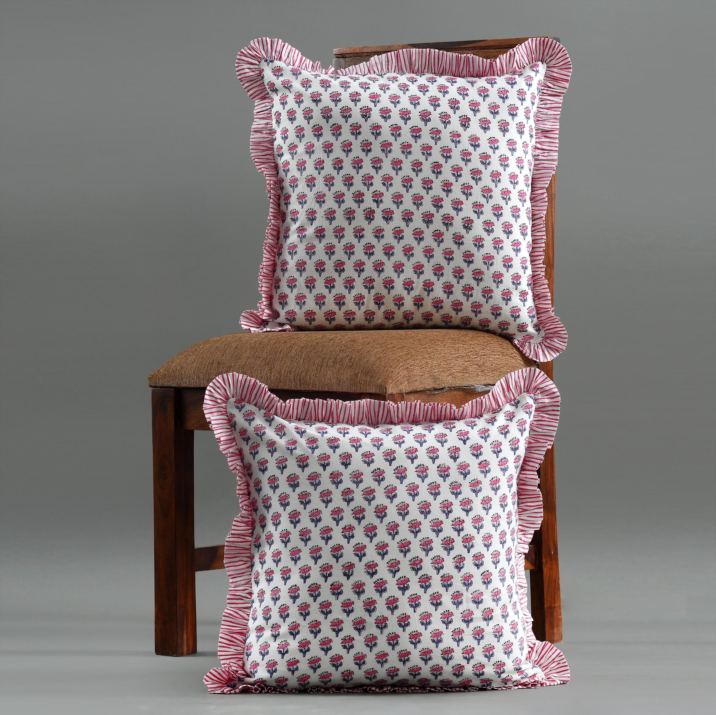 Pink Sapphire Cotton Hand Block Print Ruffle Throw Pillow Covers ...