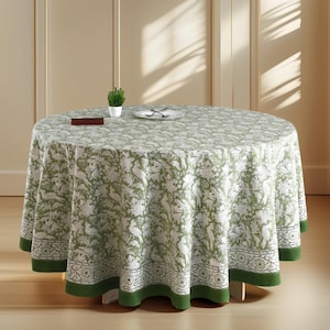 CPC Round Tablecloth- Cotton Indian Block Print Handmade Washable Table Cloth - Spring, Easter Gift Table Cover- Olive Green