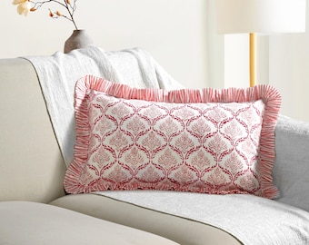 Blush Rose Ruffle Pillow Cover 12x20", Hand Block Printed Floral Cotton Throw Cushion Case, Boho Spring Summer Home Decor