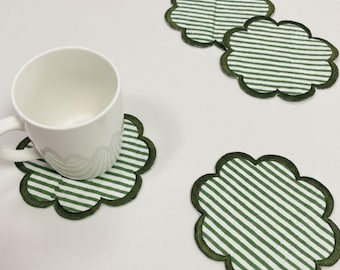 Green Stripe Cotton Drink Mats Set of 8 – Hand Block Printed Mug Rugs with Scalloped Embroidery, Boho Bar Coasters, Party, Housewarming Gift