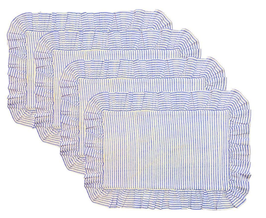 Hard Base Ruffle Mat Azure Blue Stripe Ruffle Placemats Set of 4, Hand Block Printed Indian ...