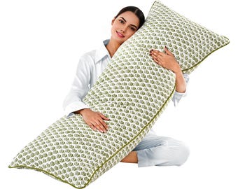 Emerald Green Hand‑Block Printed Cotton Body Pillow Cover 20×54, Boho Floral Long Pillowcase for Side Sleeping Pregnancy & Maternity Support