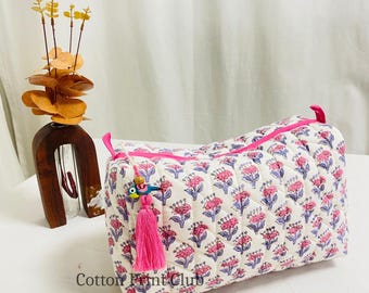 Neceser de Algodón Acolchado Rosa Zafiro, Organizador de Viaje Floral Boho con Estampado Artesanal para Hombre y Mujer, Bolsa de Maquillaje