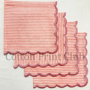 Salmon Pink Stripe Embroidered Hand Block Printed Cotton Napkin Set of 4 – 18x18&quot; Boho Reusable Farmhouse Table Linen, Thanksgiving Decor