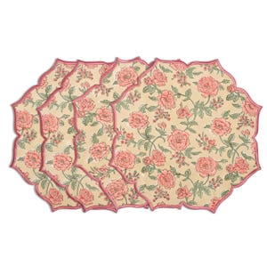 Fire Opal Cotton Placemat Set of 4 – Hand Block Floral Scalloped Table Mats, Boho Dining Placemats, Kitchen Table Decor, Wedding & Home Gift