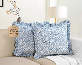 Indigo Regal Rüschen-Kissenhülle, Handblockbedrucktes Baumwollkissen, Boho Blumige Zierkissenhülle, Bauernhaus-Dekor für Sofa, Bett Geschenk