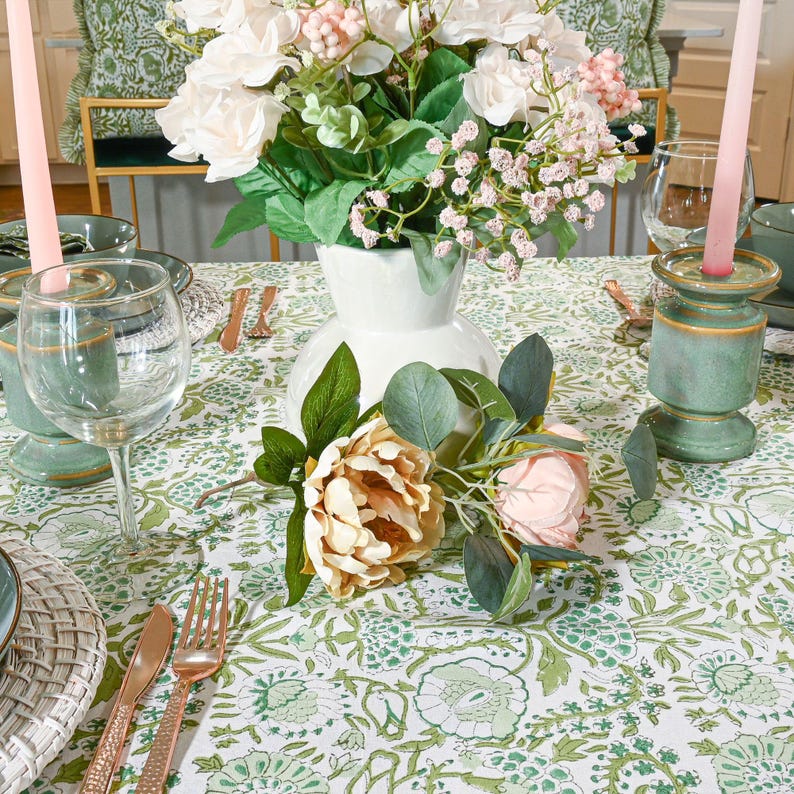 Cotton Indian Hand-Block Printed Tablecloth for Wedding Farmhouse Buffet Housewarming Restaurant Picnic Boho Home Decor Floral- Agate Green image 3
