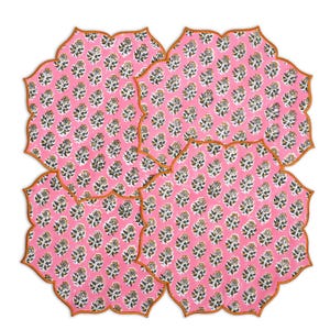 CPC Poppy Pink Scallop Placemats Set – Embroidered Cotton Block Print Floral Table Mats for Dining, Wedding, Party, Gifts, Reusable Decor