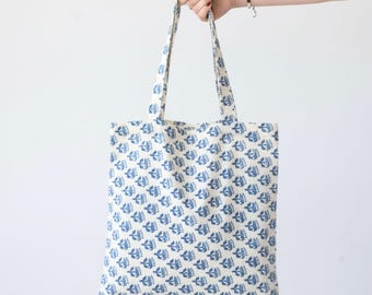 May include: A white tote bag with a blue floral pattern is held up by a person. The bag has two handles and is made of fabric. The floral pattern is repeated across the entire surface of the bag.